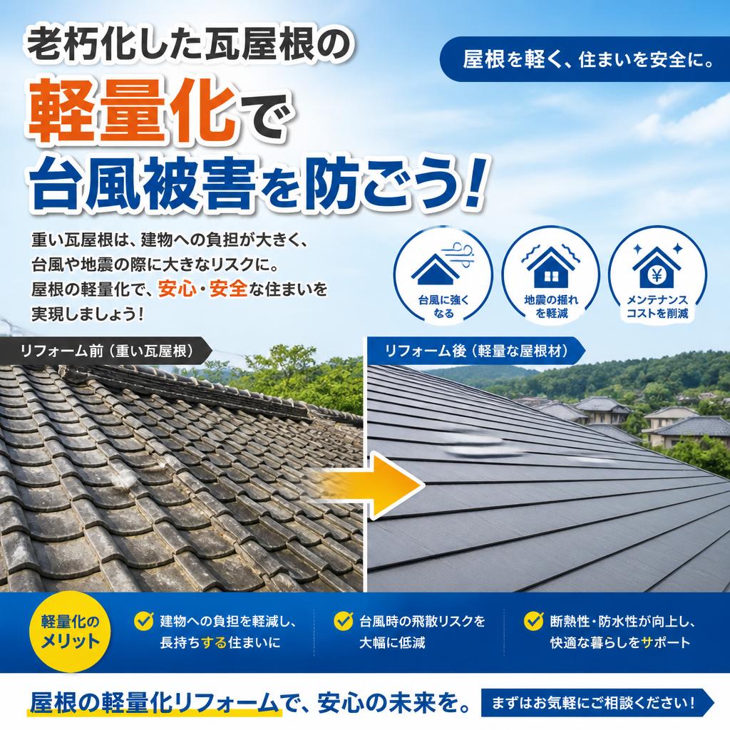 老朽化した瓦屋根の軽量化で台風被害を防ごう！