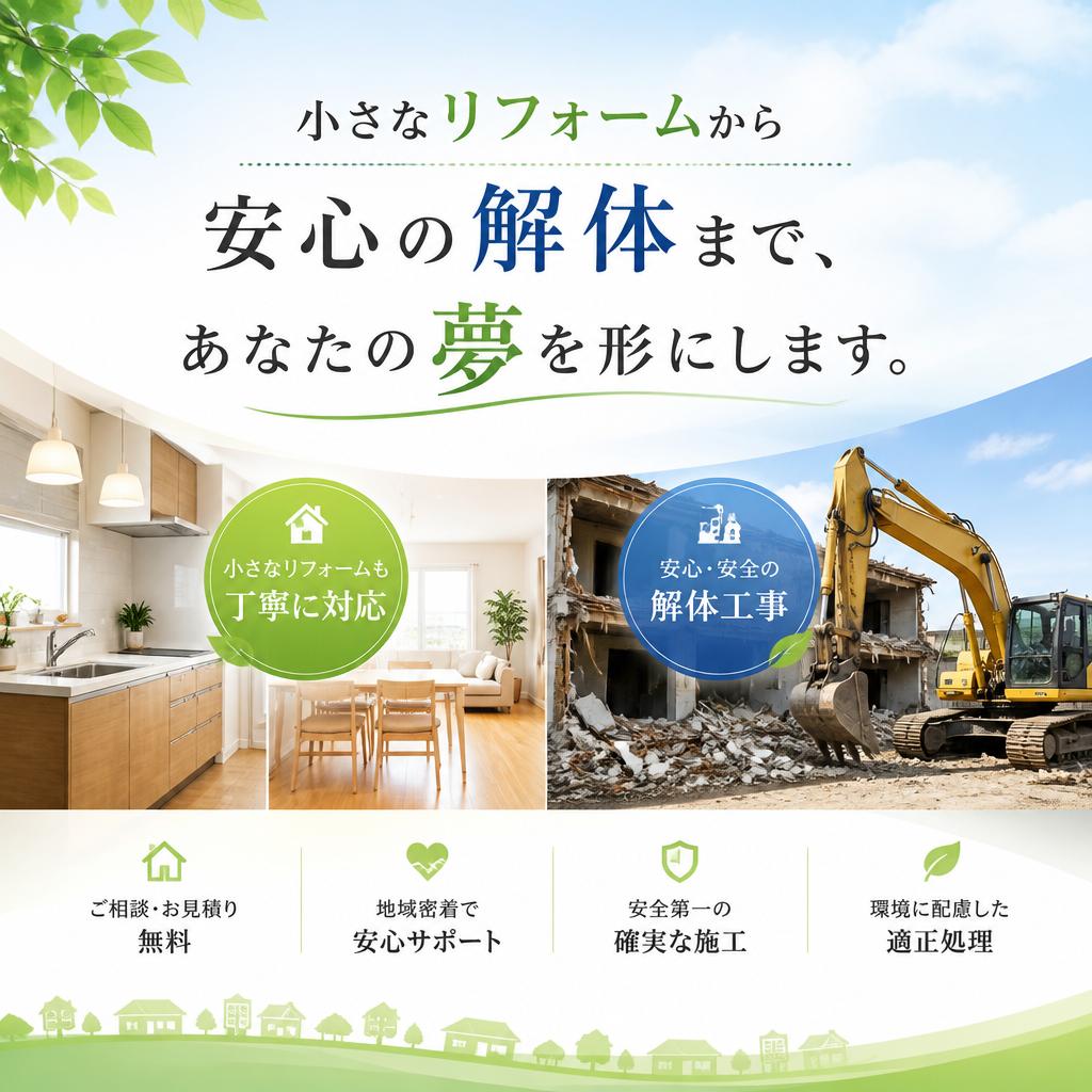小さなリフォームから安心の解体まで、あなたの夢を形にします。