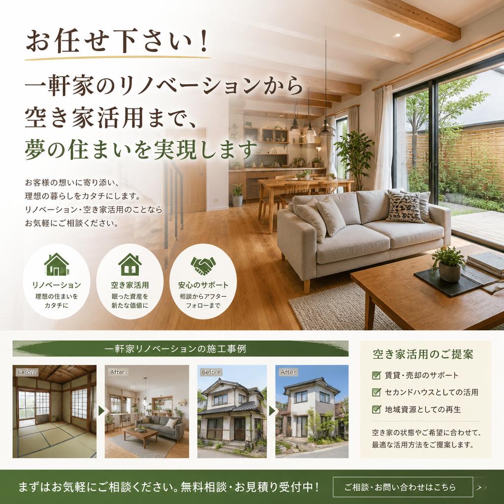 お任せ下さい！一軒家のリノベーションから空き家活用まで、夢の住まいを実現します