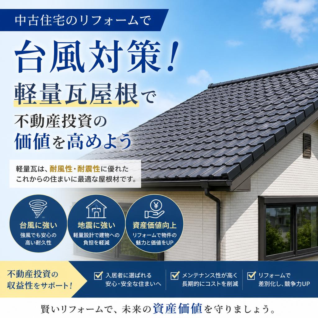 中古住宅のリフォームで台風対策！軽量瓦屋根で不動産投資の価値を高めよう
