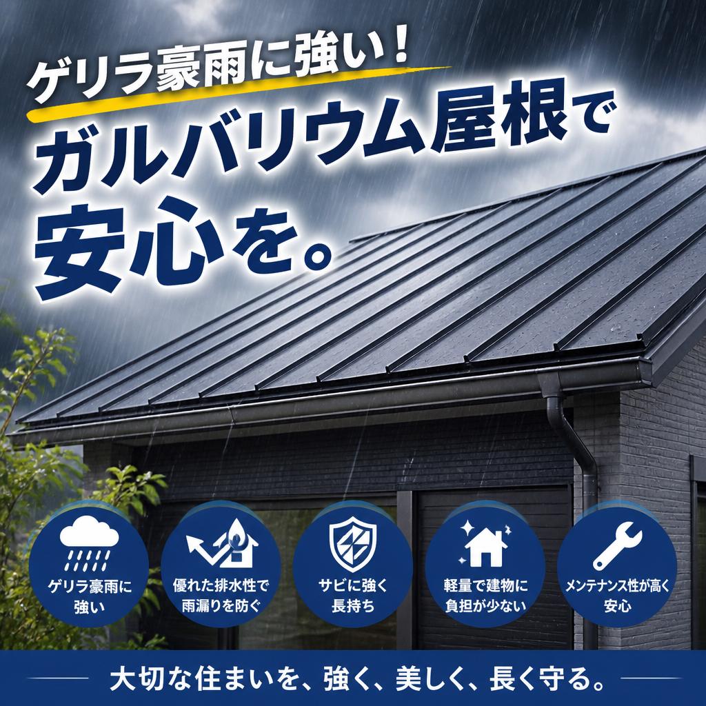 ゲリラ豪雨に強い！ガルバリウム屋根で安心を。