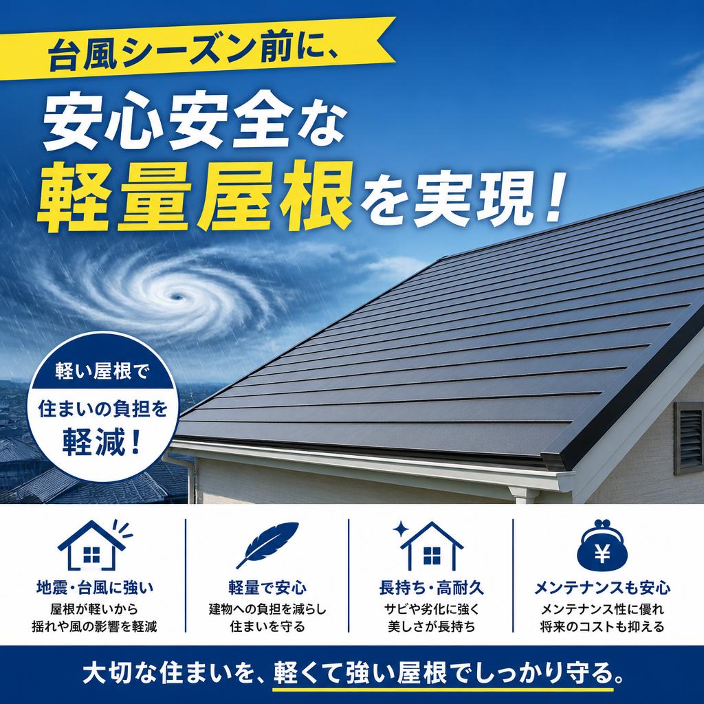 台風シーズン前に、安心安全な軽量屋根を実現！