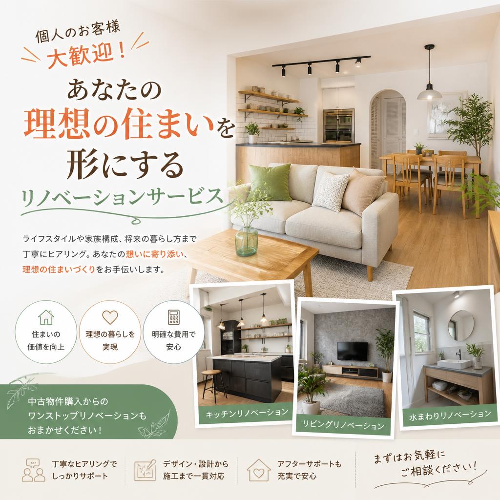 個人のお客様大歓迎！あなたの理想の住まいを形にするリノベーションサービス