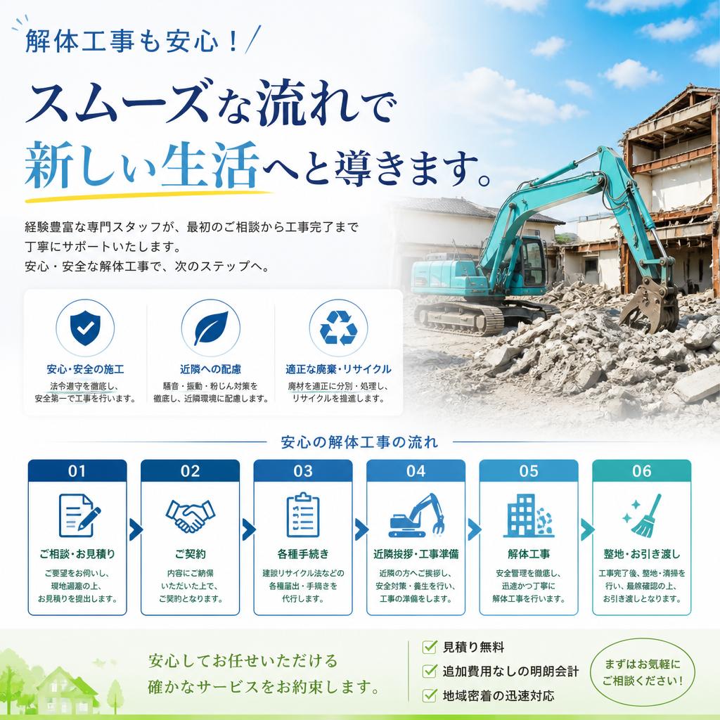 解体工事も安心！スムーズな流れで新しい生活へと導きます。