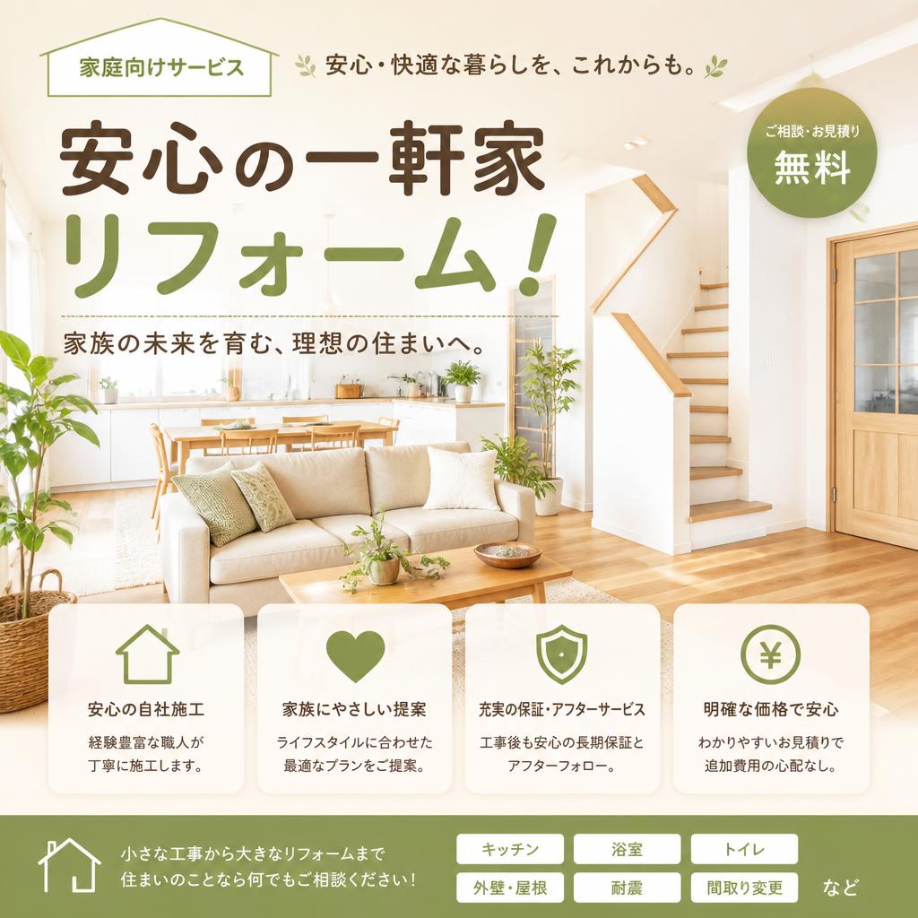 家庭向けサービスで安心の一軒家リフォーム！