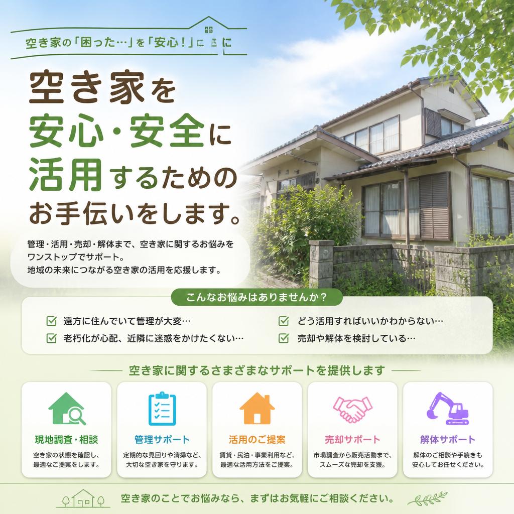 空き家を安心・安全に活用するためのお手伝いをします。