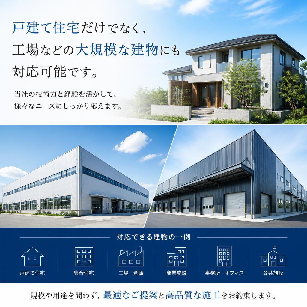 戸建てから工場まで、幅広いニーズに対応